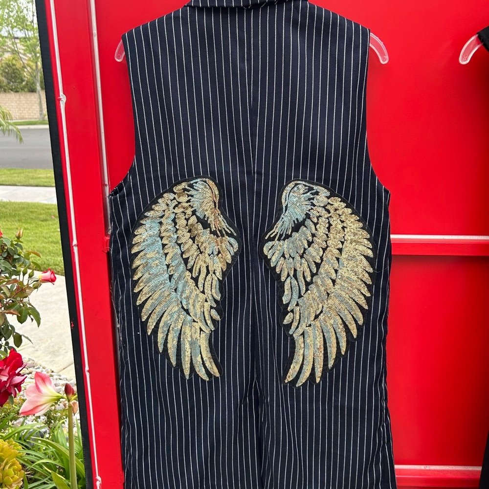 Black Pinstripe Vest with Gold and Blue Wing Embroidery